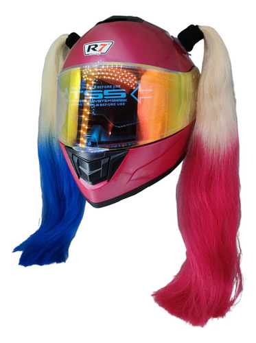 Casco Mujer Rosa Abatible Luz Led Coletas Queen Certificado