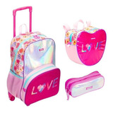 Kit Mochila Escolar Love Holográfica Infantil Rodinhas Tam G