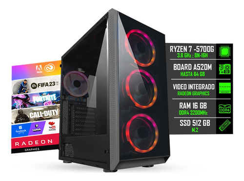 Torre Gamer Rgb Cpu Ryzen 7-5700g + Ram 16gb + 500gb Ssd @pd