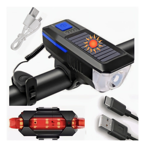 Lanterna Farol Solar Bike Buzina Led Traseiro Ciclista Kit