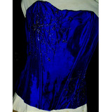 Corset Azul Tornasolado Bordado A Mano Fiesta Noche 