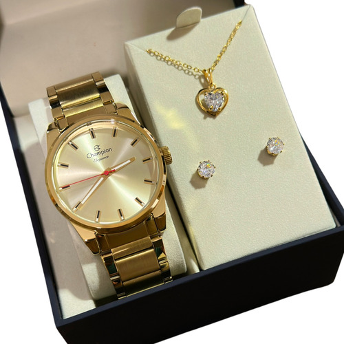 Kit Relógio Champion Dourado Grande De Luxo Top De Linha  