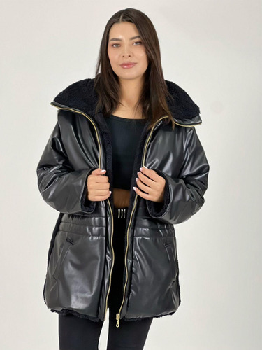 Parka Cuerina Forro Peludito Negro