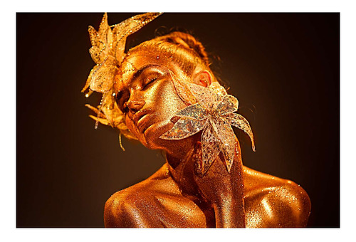 Vinilo 50x75cm Mujer Oro Make Up Estetica Hojas Brillo