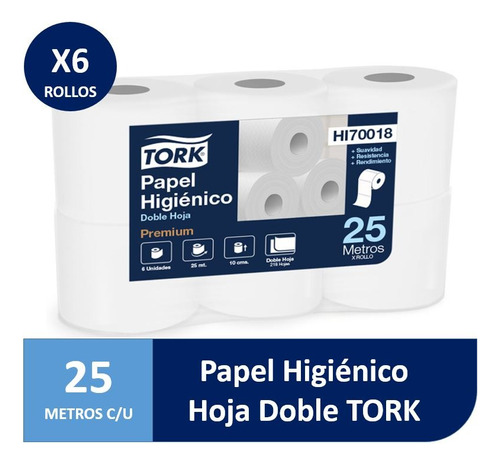 Papel Higiénico Tork 25 M. Doble Hoja Premium 6 Rollos