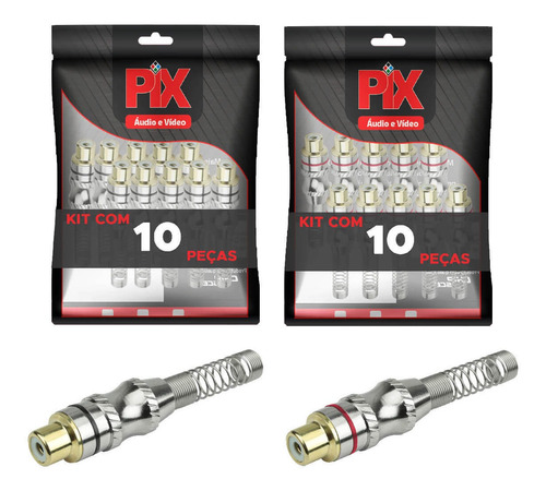 10x Conector Plug Rca Fêmea 24k C/ Mola Preto E Vermelho