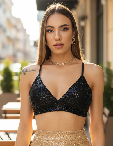 Blusa Top Cropped Sutiã Paetê Brilho Festa Balada Luxo Promo