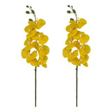 2 Flor Orquídea Artificial Amarela Decoração Para Arranjo