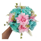 Buquê De Noiva Artificial Casamento Rosa E Azul Tiffany