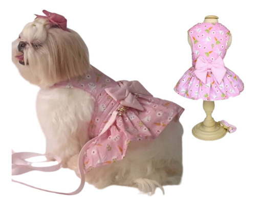 Roupa Pet Cachorro Vestido E Guia Spitz Shitzu Rosa Luxo