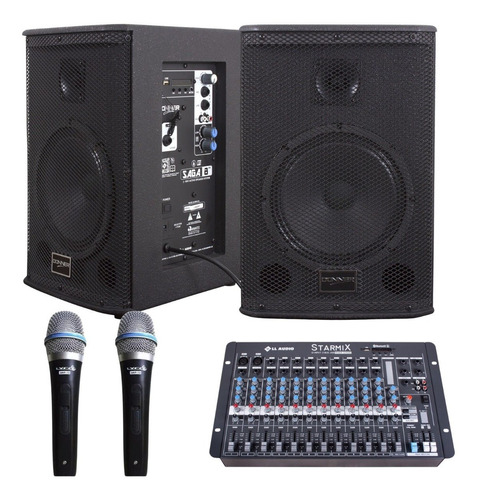 Kit Caixa Som Saga 8 225w + Mesa 12 Canais 2 Microfones Lyco
