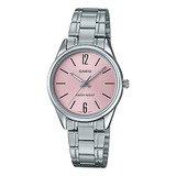 Reloj Casio Mujer Modelo Ltp-v005d-4budf /relojería Violeta Color De La Correa Plateado