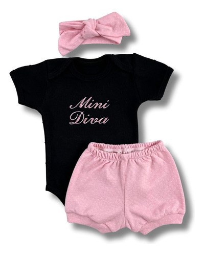 Conjunto Roupa Bebê Menina Body + Short + Faixa Mini Diva