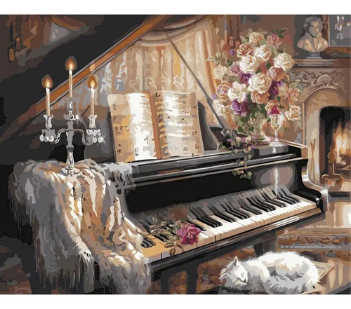 Pintura Por Números Flores Piano Antiguo Retro Casa Gato