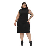 Vestido Midi Tubinho Canelado P Ao Plus Size Gola Alta Fenda