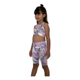 Conjunto Calza Biker Y Top Nena Niña Lycra Lisa Estampada 