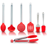 Jogo 7 Colheres De Silicone C/ Cabo Inox Utensílios Cozinha