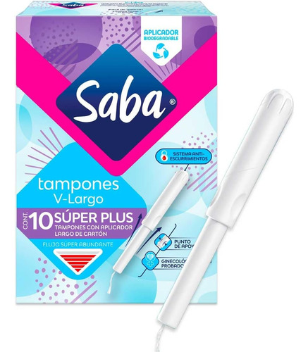 Saba Tampones Super Plus Aplicador Largo Flujo Súper 10 Pz