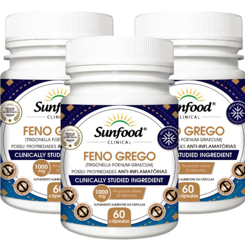 3 Potes Feno Grego 1000mg 180 Capsulas Total