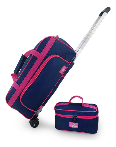 Kit Bolsa Mala Bagagem Bordo Média Viagem Rodinha Frasqueira Cor Azul Escuro/ Pink Azul Escuro Com Rosa