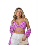 Conjunto Chemise + Cropped Listrado Tendência Verão 2024