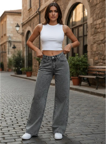 Jeans Dama Pantalones Mujer Mezclilla Sueltos Con Tiro Alto