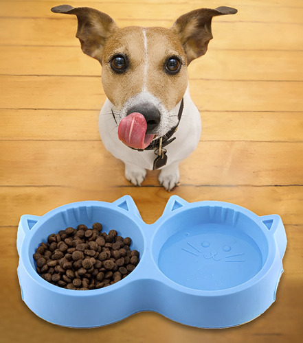 Plato Doble Bebedero Comedero Gato Azul Dispensador Comida Agua Perros Mascotas