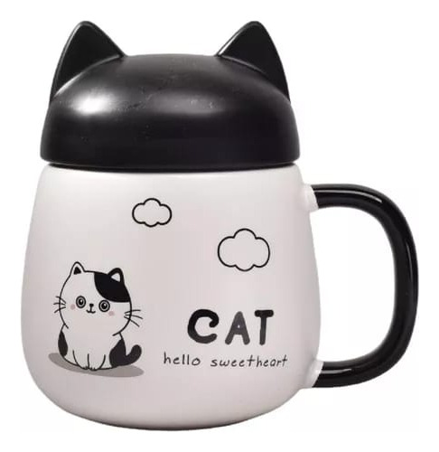 Taza Cafe Te Vidrio Ceramica Tapa Gato Kawaii 500ml