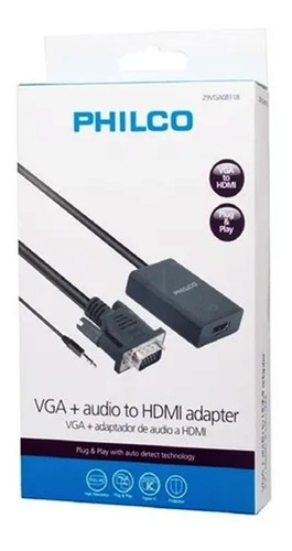 Conversor Vga + Adaptador De Audio A Hdmi, Full Hd, Philco