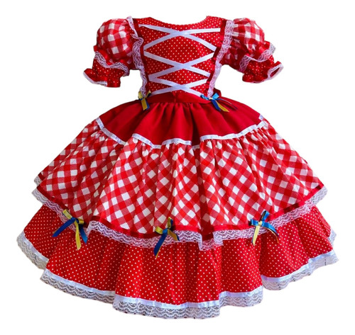 Vestido Junina Quadrilha São João Liso Vermelho - 4 Até 12