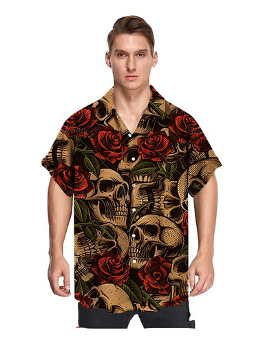 Camisa Casual Hawaiana De Hombre Con Estampado De Calavera