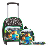 Kit Mochila Infantil Masculina Minecraft Rodinha Pequena