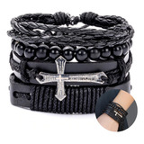 Conjunto Pulsera Brazalete Cuero 4 En 1 Dije Cruz Grabada