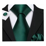 Corbata Verde Oscuro Lisa + Pañuelo Y Colleras Elegante 