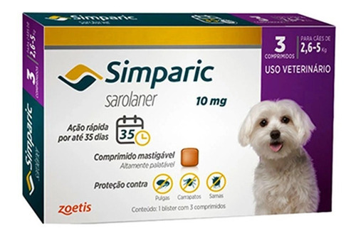 Antipulgas Simparic 10mg 2,6 A 5kg - 3 Comprimidos Original 
