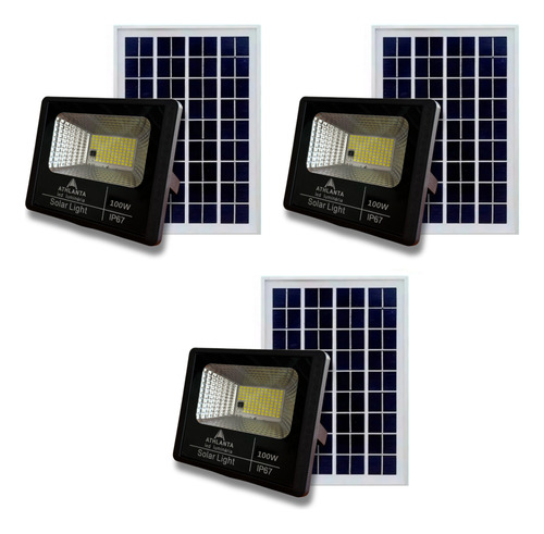 Kit 3 Refletor Holofote Ultra Led 100w Controle Placa Solar