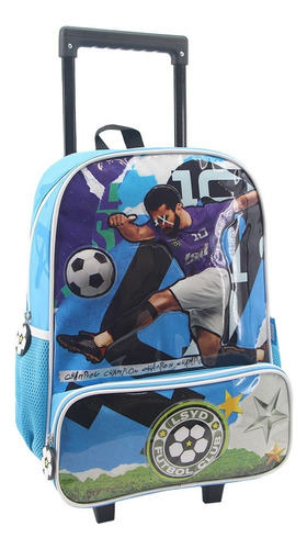 Mochila Carro Escolar Lesedife Futbol 3d 16'' Niños Urbana Color Celeste Diseño De La Tela 94.20005.1