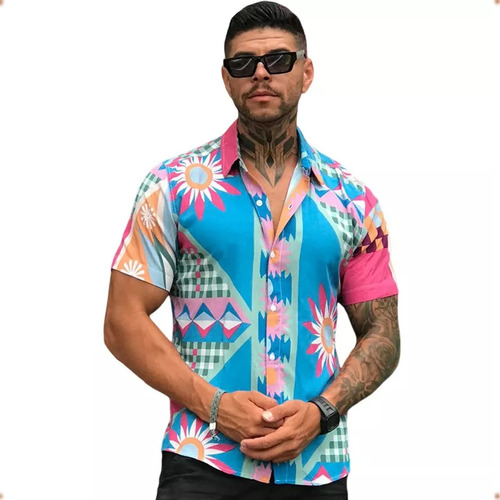 Camisa Social Listrada Masculina Manga Curta Verão Slim