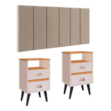 Cabeceira Estofada 1,4 Modular Kit Mesa Pequena Pés Retrô Cor Bege Suede | Off/cinamomo