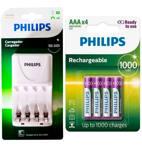 Carregador Philips 4 Pilhas Recarregáveis Aaa 1000mah Palit