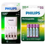 Carregador Philips 4 Pilhas Recarregáveis Aaa 1000mah Palit