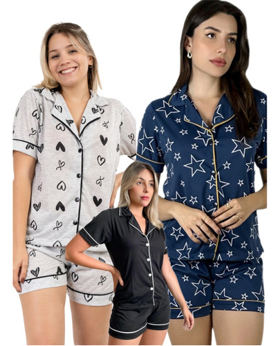 Kit 3 Conjuntos Americano Pijama Aberto Botões Short Verão