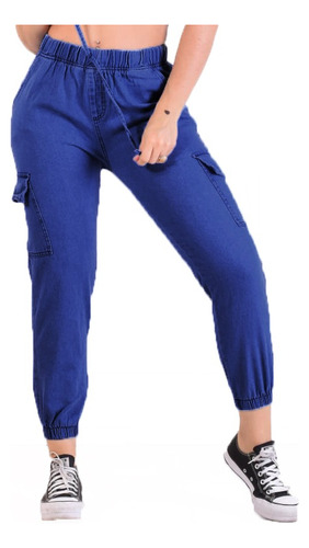 Jogger Cargo Jean Mom Mujer Tiro Alto Bolsillos Elastico