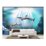 Papel De Parede Fundo Do Mar Tubarões Algas 3d 7m² Fm93