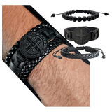 Pulseiras Masculinas Couro Kit C/03 Medalha São Bento Preto