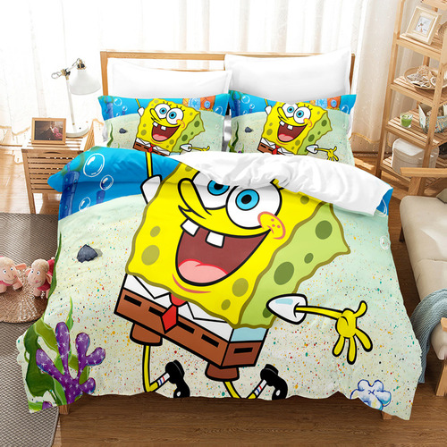 Calça Quadrada Bob Esponja, Cama De Casal, Fronhas Com Capa