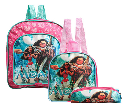 Mochila Escolar Moana E Maui Costas Kit Lancheira+estojo Cor Rosa Desenho Do Tecido Moana