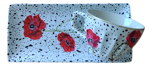 Set Taza + Plato Rectangular De Loza Amapola Romántica 