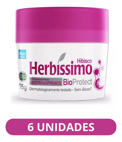 Kit C/6 Desodorante Creme Herbissimo Bioprotect Hibisco 55g