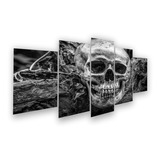 Quadro Decorativo Mosaico 5 Peças Caveira Preto Morte Mdf